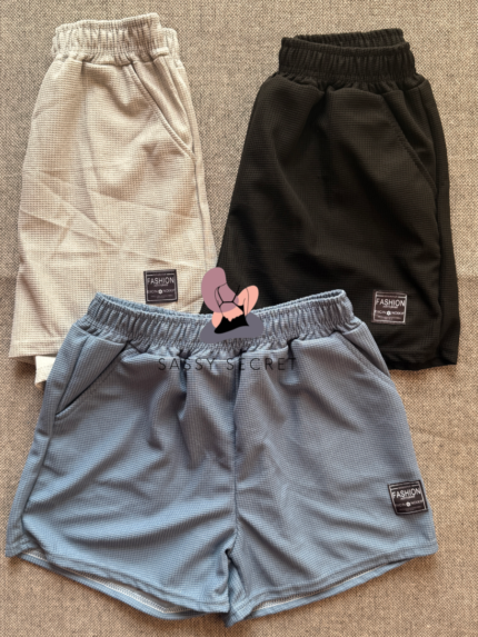 Korean Waffle Knit Shorts for Women in Beige Black and Blue - Summer Home Wear Price in BD