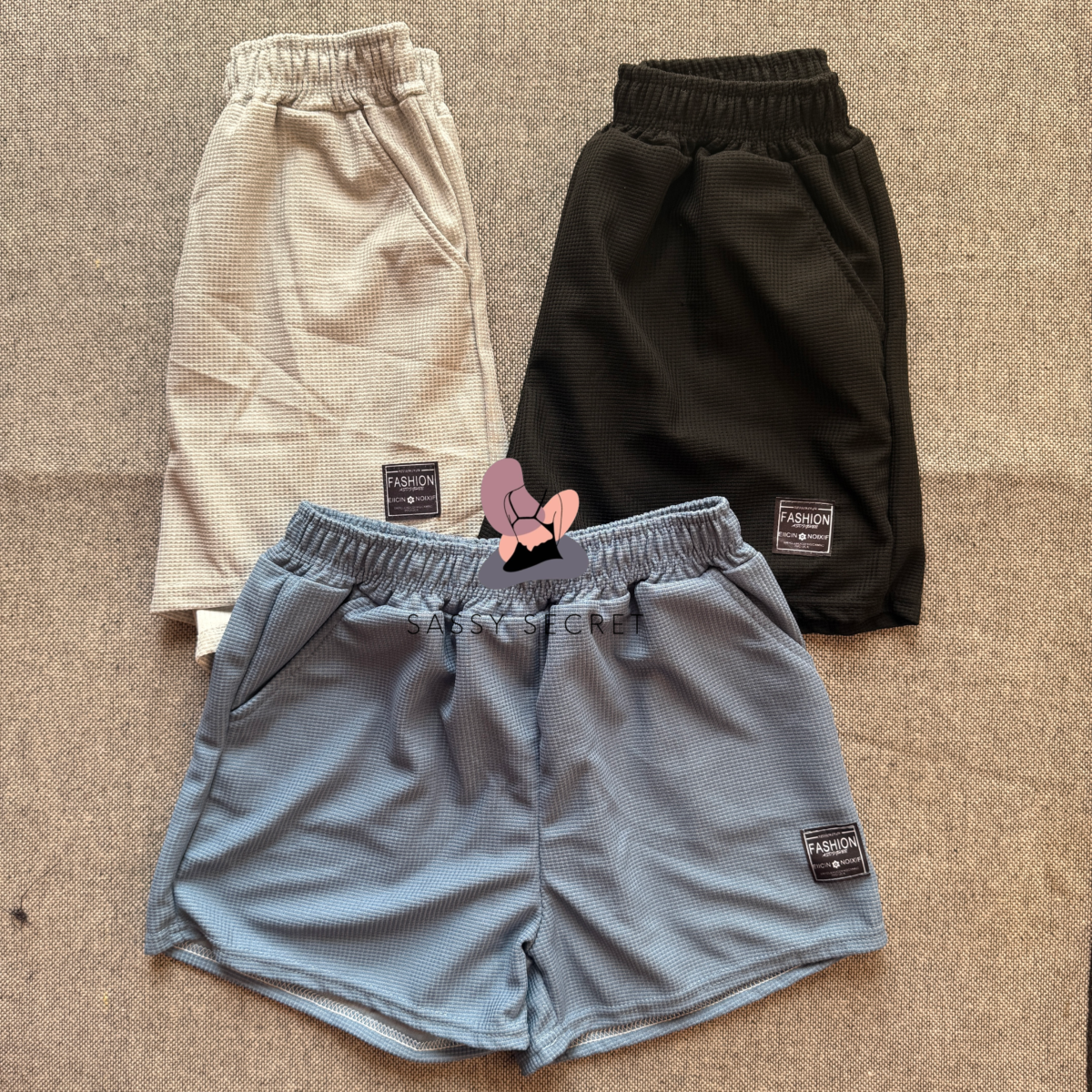Korean Waffle Knit Shorts for Women in Beige Black and Blue - Summer Home Wear Price in BD