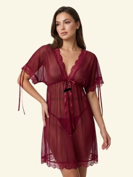 Sheer Mesh Lace V-Neck Babydoll Lingerie Set – Romantic Evening Wear (Imported) – Buy Online in Bangladesh | Sassy Secret BD