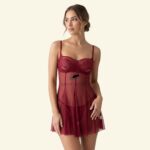 Sheer Red Mesh Babydoll Lingerie Set with Underwire – Sultry Lift & Seduction (Imported)