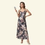 Slab Gray Floral Silk Long Nightgown – Luxury V-Neck Sleepwear (Imported)