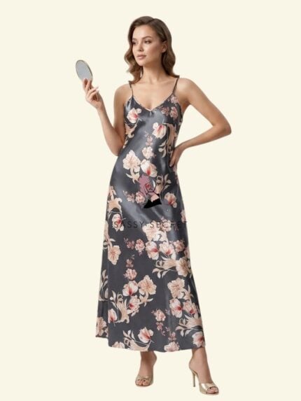 Slab Gray Floral Silk Long Nightgown – Luxury V-Neck Sleepwear (Imported) – Buy Online in Bangladesh | Sassy Secret BD