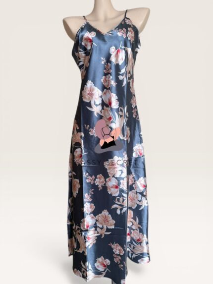 Slab Gray Floral Silk Long Nightgown – Luxury V-Neck Sleepwear (Imported) – Buy Online in Bangladesh | Sassy Secret BD